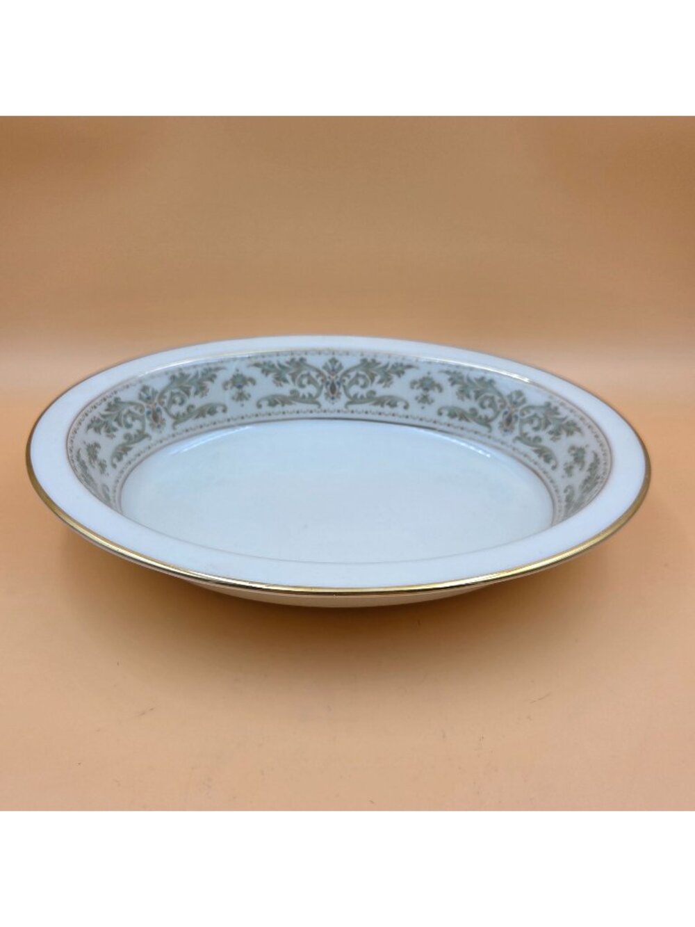 Lenox Noblesse 9" Oval Vegetable Bowl Green/Gold Leaves, Blue Dots, Gold Trim